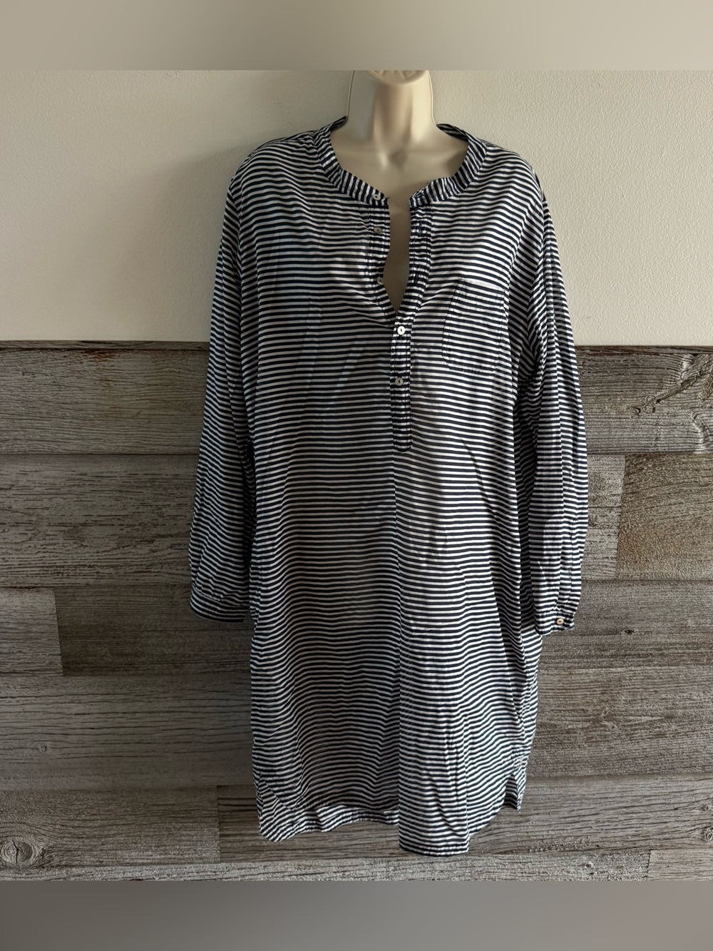 Acacia Size L Navy White Stripe Cotton Tunic Shirt Dress Beach Cover Up (U1)
